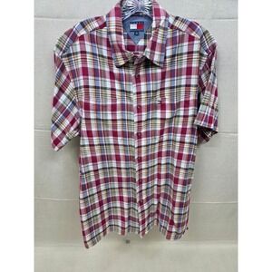 Tommy Hilfiger Mens Medium Red Yellow Blue Plaid Short Sleeve Button Down Shirt